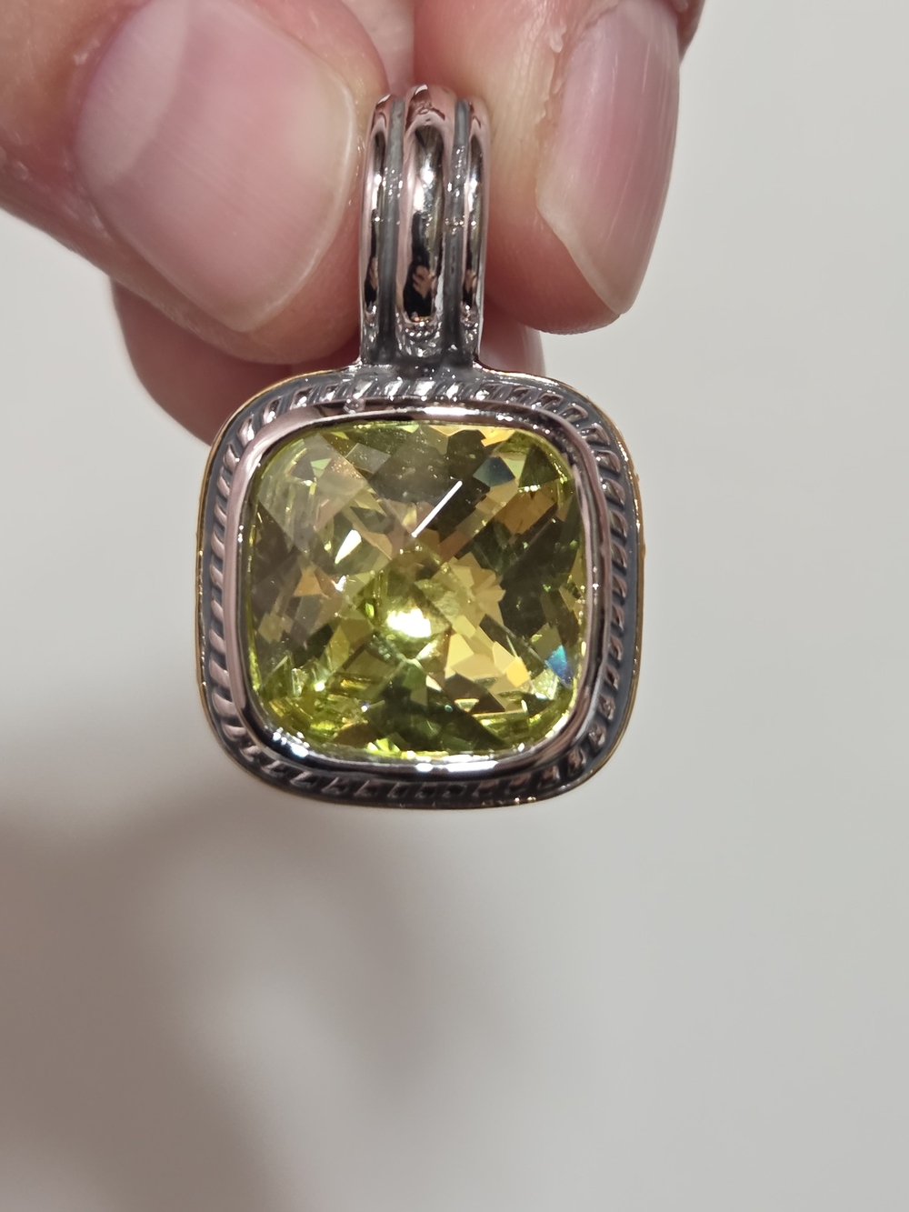David Yurman Style Silver Pendant with Yellow-Green Cushion Stone